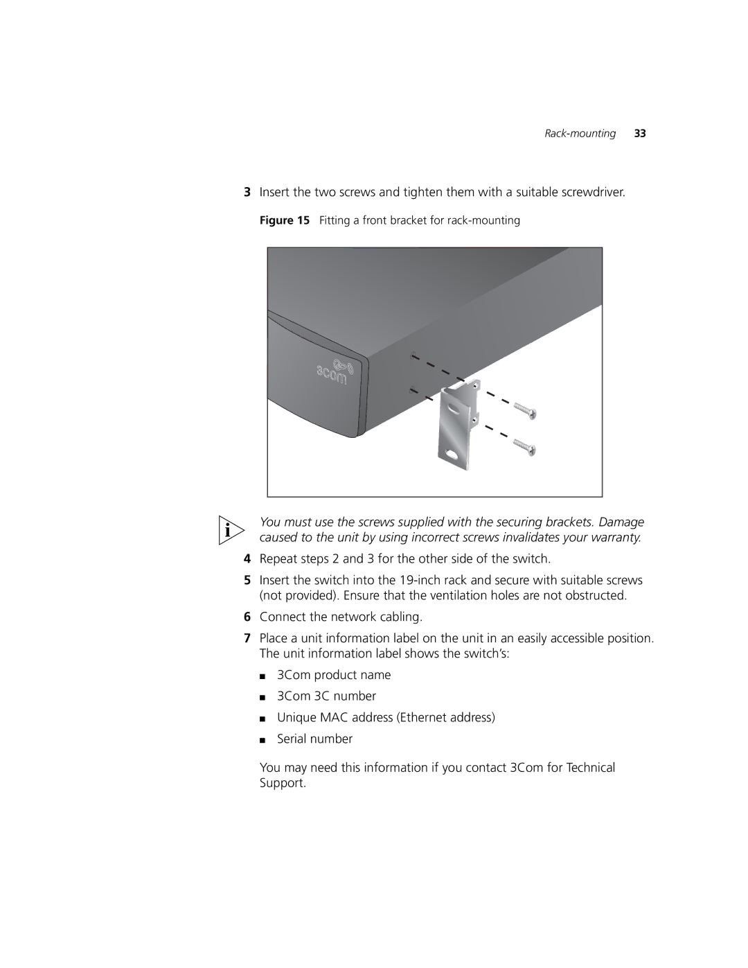 3Com 5500-EI, 5500G-EI Repeat steps 2 and 3 for the other side of the switch, Fitting a front bracket for rack-mounting 