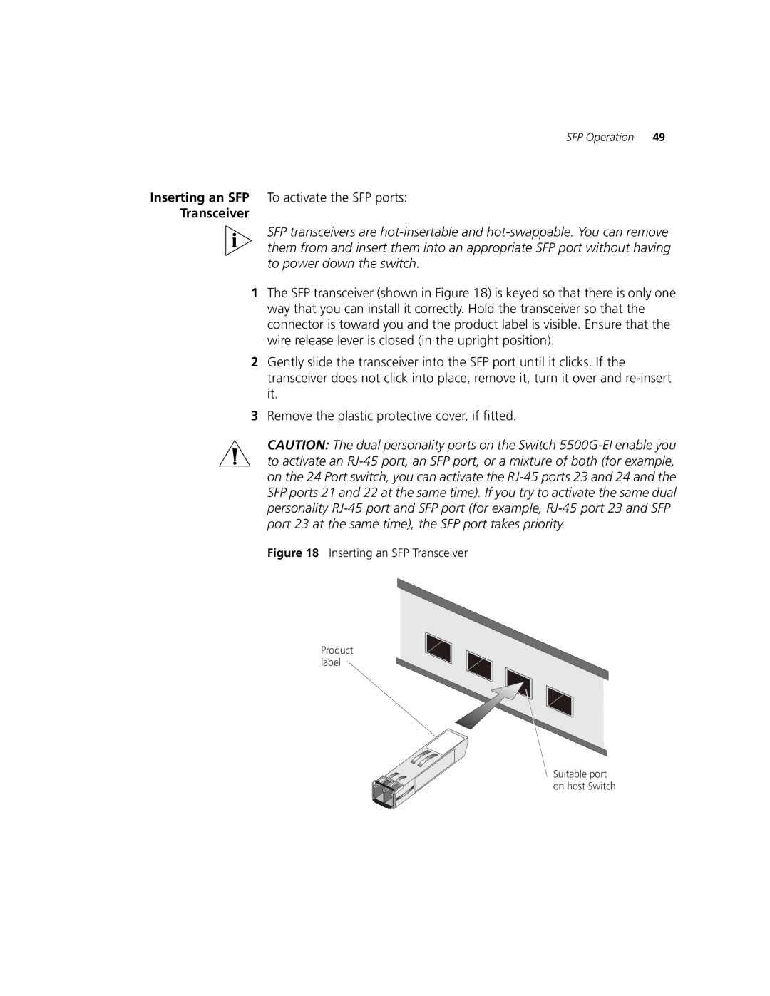 3Com 5500-EI, 5500G-EI manual Inserting an SFP To activate the SFP ports, Transceiver 