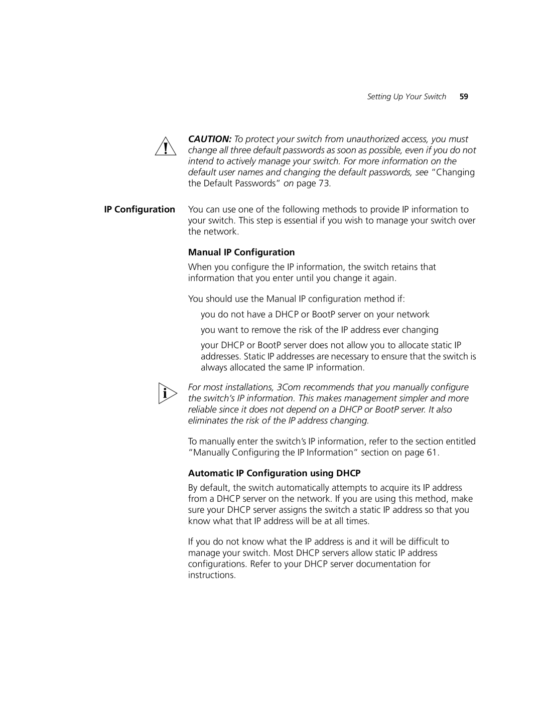 3Com 5500-EI, 5500G-EI manual Manual IP Configuration, Automatic IP Configuration using Dhcp 