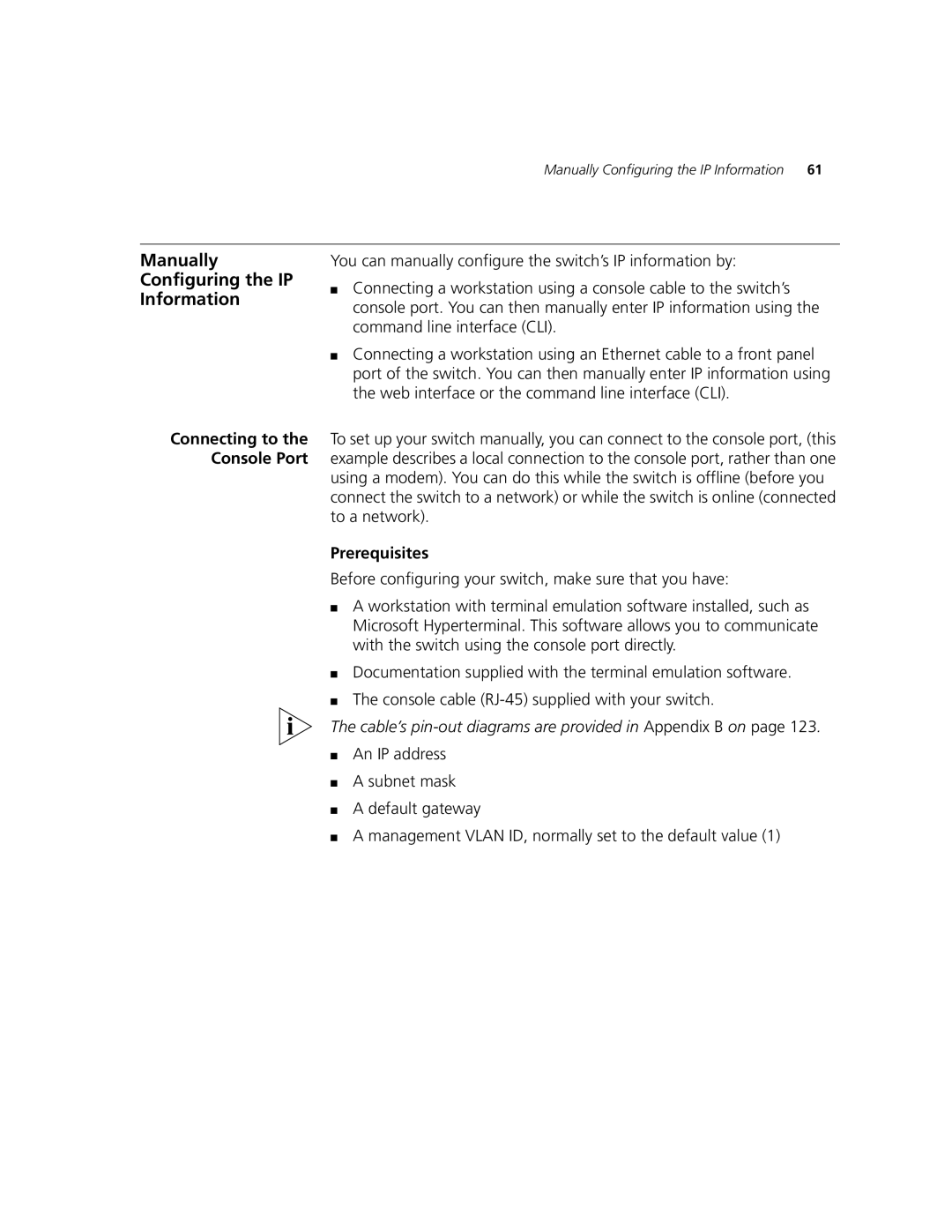 3Com 5500-EI, 5500G-EI manual Manually Configuring the IP Information, Prerequisites 