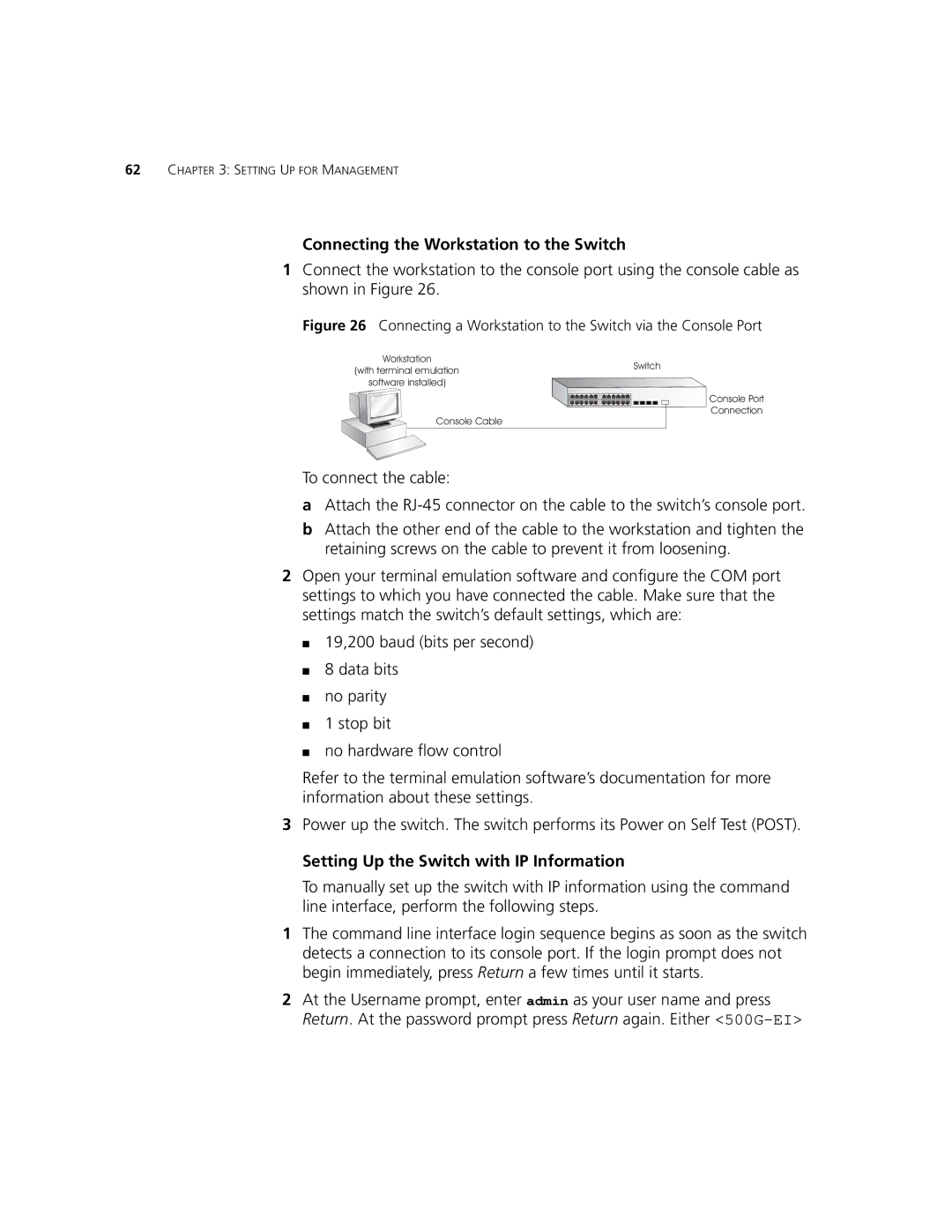 3Com 5500G-EI, 5500-EI manual Connecting the Workstation to the Switch, Setting Up the Switch with IP Information 