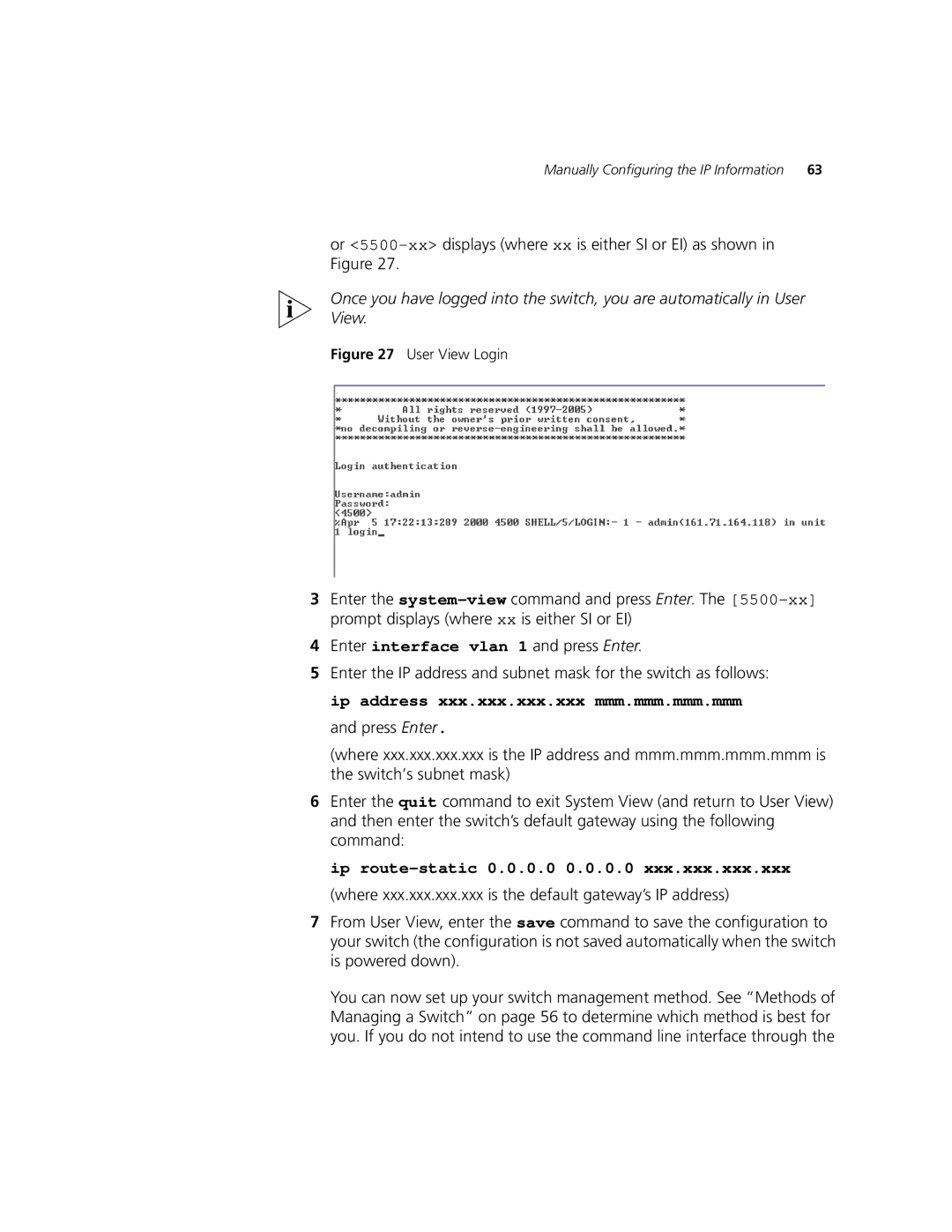 3Com 5500-EI, 5500G-EI manual Ip route-static 0.0.0.0 0.0.0.0 