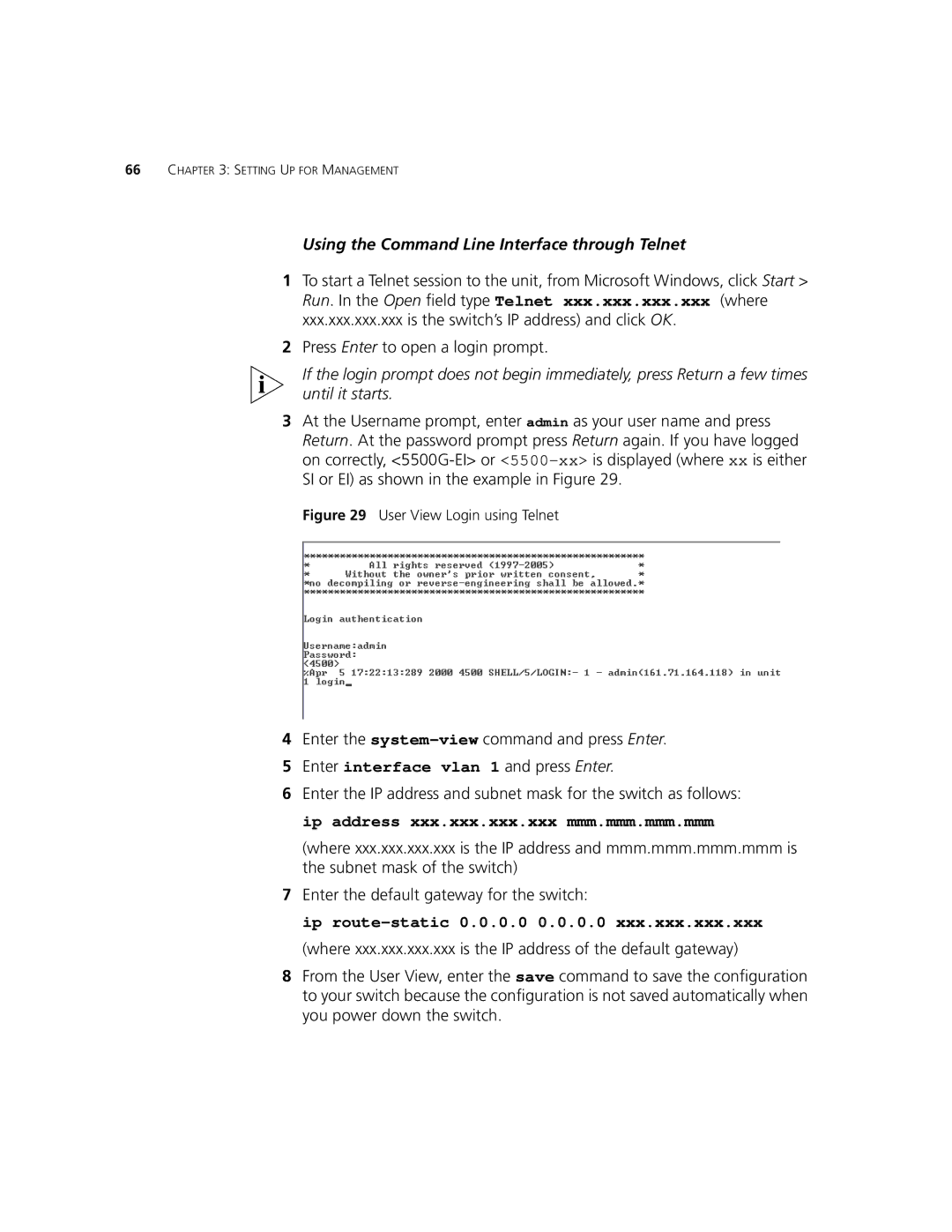 3Com 5500G-EI, 5500-EI manual Using the Command Line Interface through Telnet 