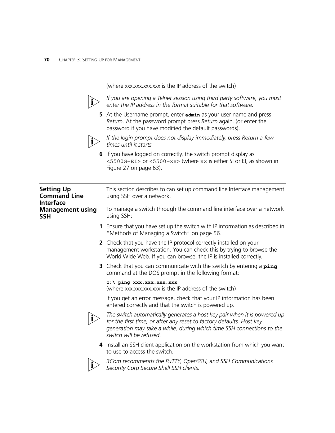 3Com 5500G-EI Setting Up Command Line Interface Management using, Where xxx.xxx.xxx.xxx is the IP address of the switch 