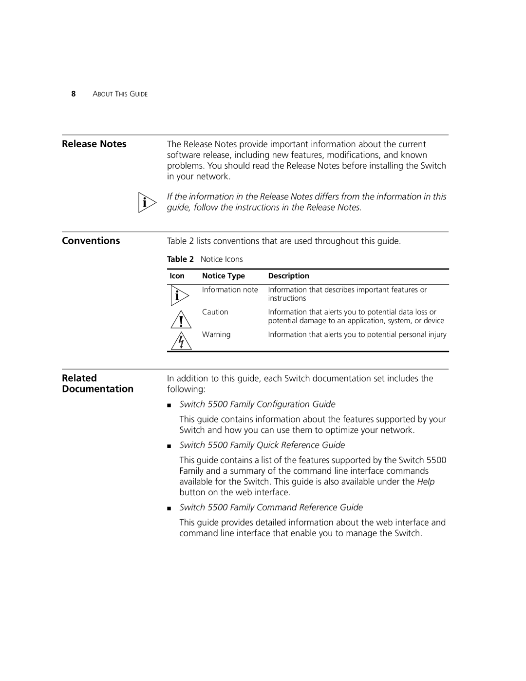 3Com 5500G-EI, 5500-EI manual Release Notes, Conventions, Related, Documentation 