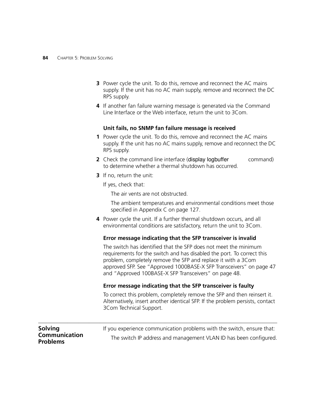 3Com 5500G-EI, 5500-EI manual Solving, Communication, Unit fails, no Snmp fan failure message is received 