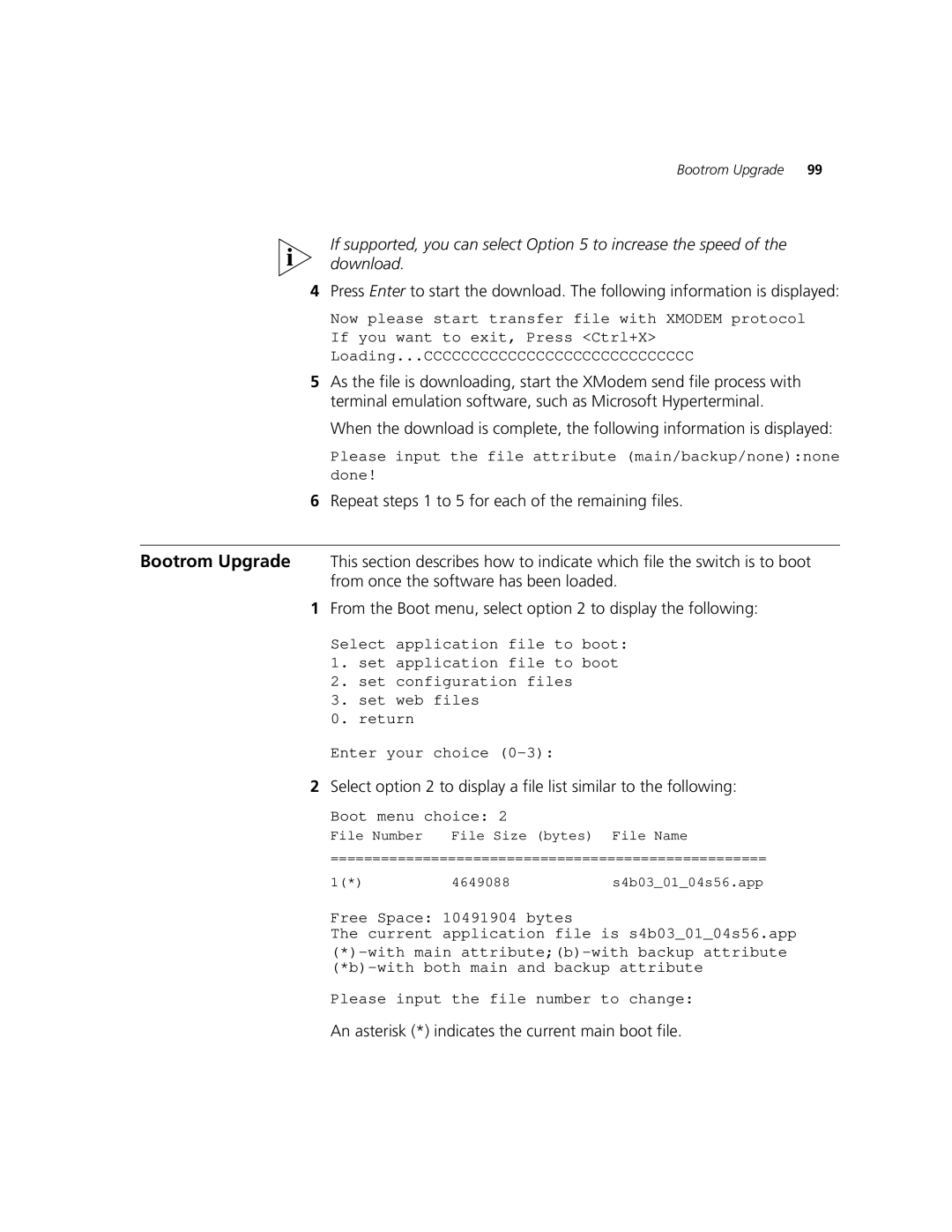 3Com 5500-EI, 5500G-EI manual An asterisk * indicates the current main boot file 