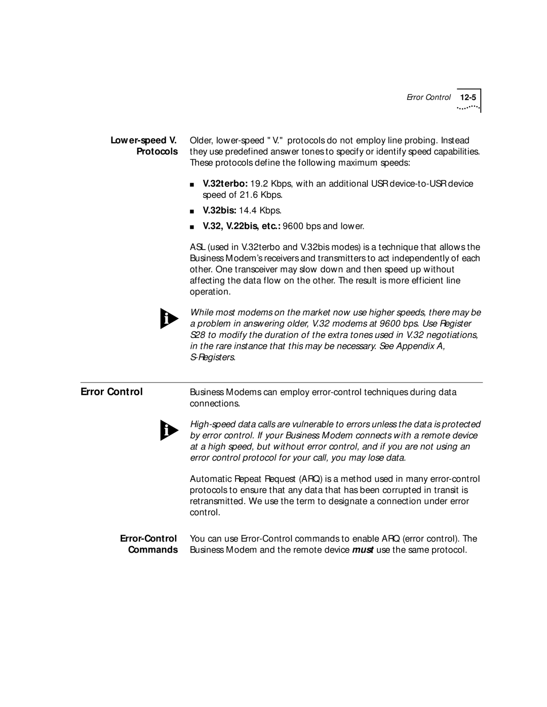 3Com 56K manual Lower-speed, Protocols, 32, V.22bis, etc bps and lower, Error Control, Error-Control 