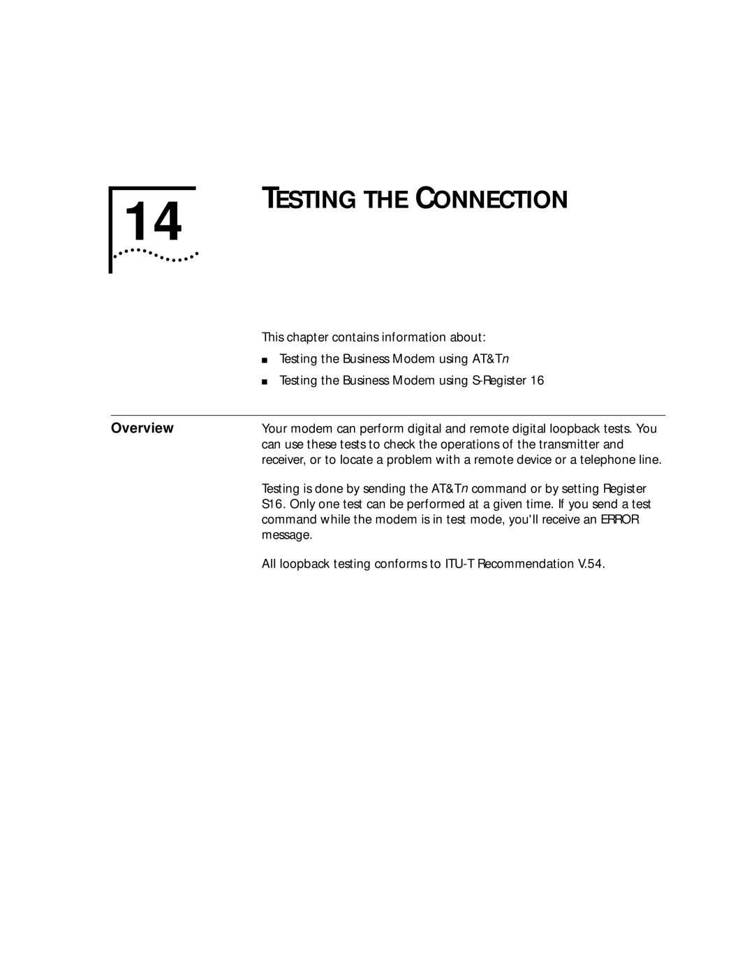 3Com 56K manual Testing the Connection, Testing the Business Modem using AT&Tn, Testing the Business Modem using S-Register 