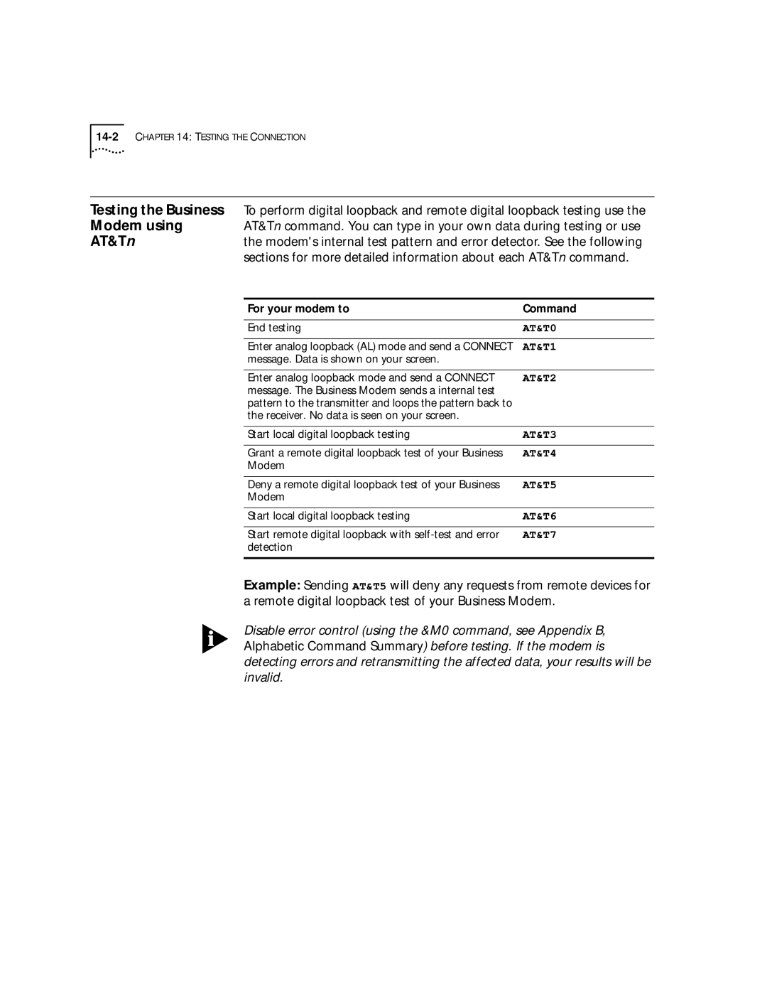 3Com 56K manual Testing the Business, Modem using, AT&Tn 