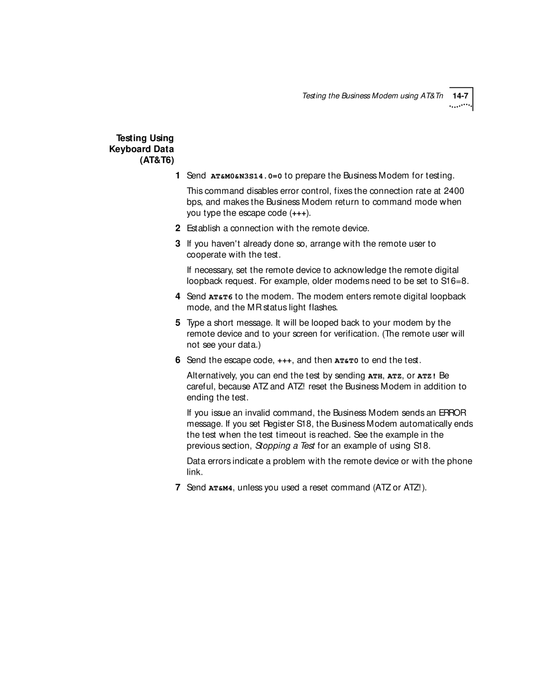 3Com 56K manual Testing Using Keyboard Data AT&T6 