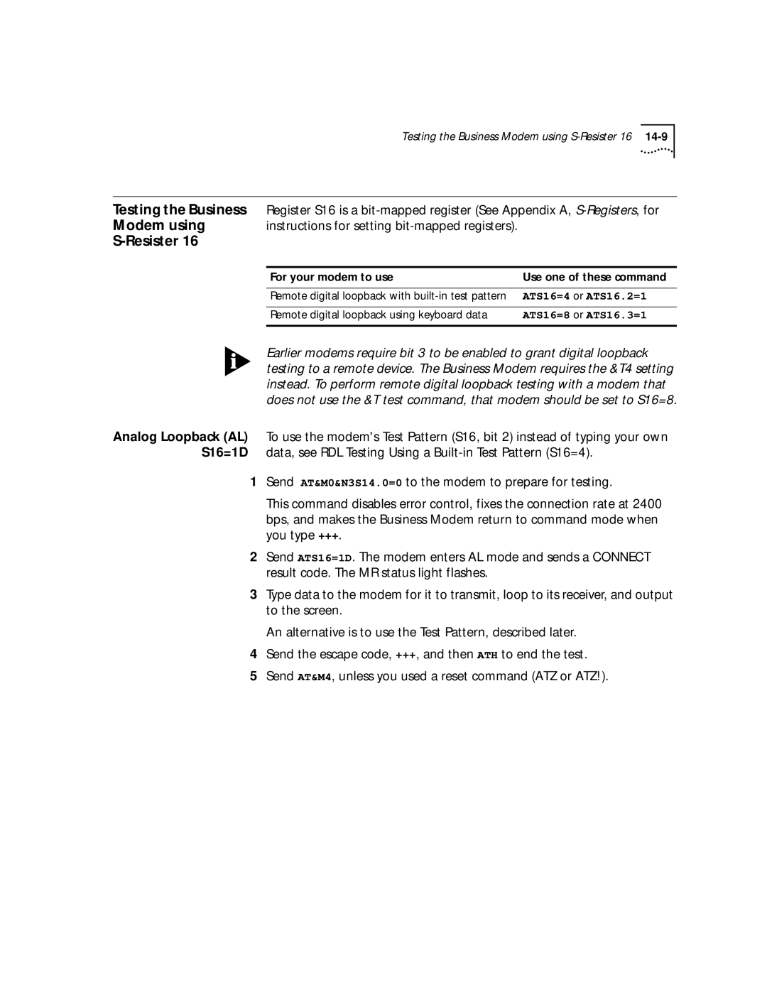 3Com 56K manual Testing the Business Modem using S-Resister, For your modem to use Use one of these command 