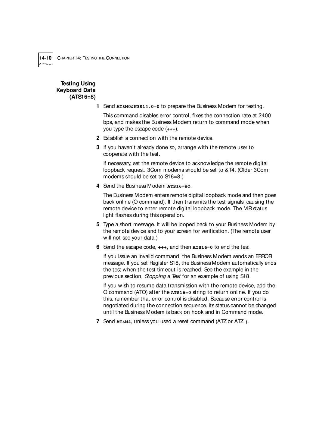 3Com 56K manual Testing Using Keyboard Data ATS16=8 
