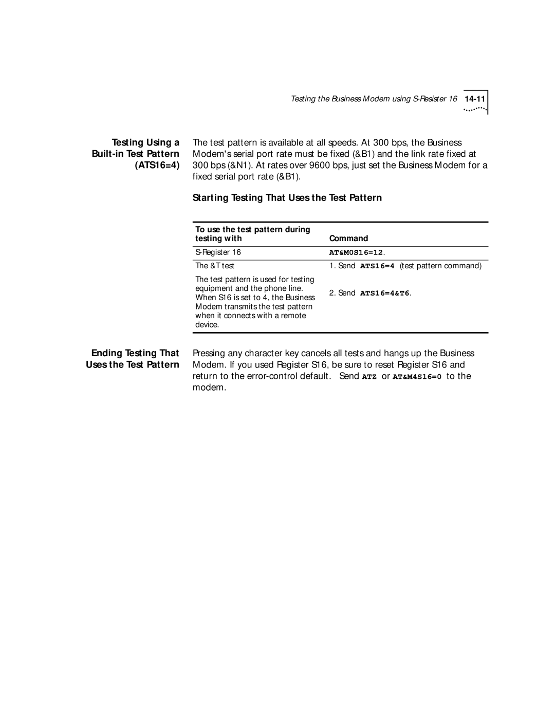 3Com 56K manual Starting Testing That Uses the Test Pattern, To use the test pattern during Command Testing with, Register 