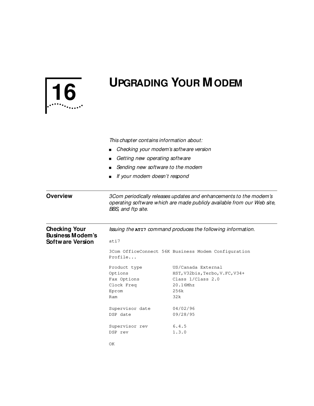 3Com 56K manual Upgrading Your Modem, Checking Your Business Modem’s Software Version 