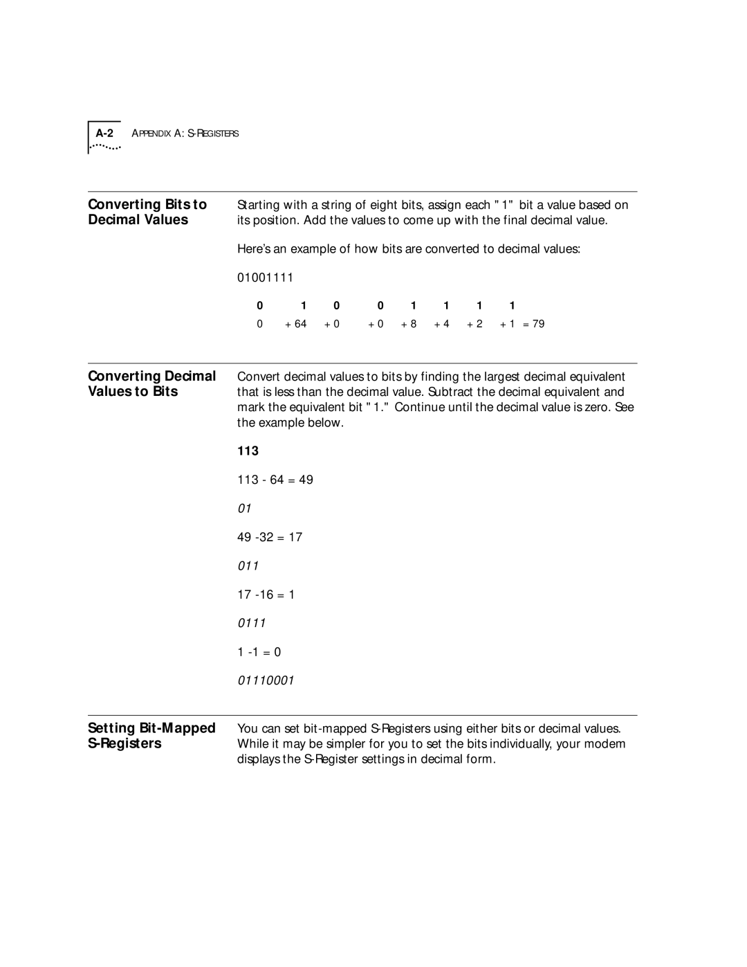 3Com 56K manual Converting Bits to, Decimal Values, 01001111, 113 