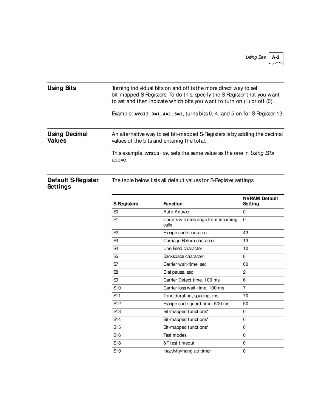 3Com 56K manual Using Bits, Using Decimal, Settings, Values of the bits and entering the total, Above 