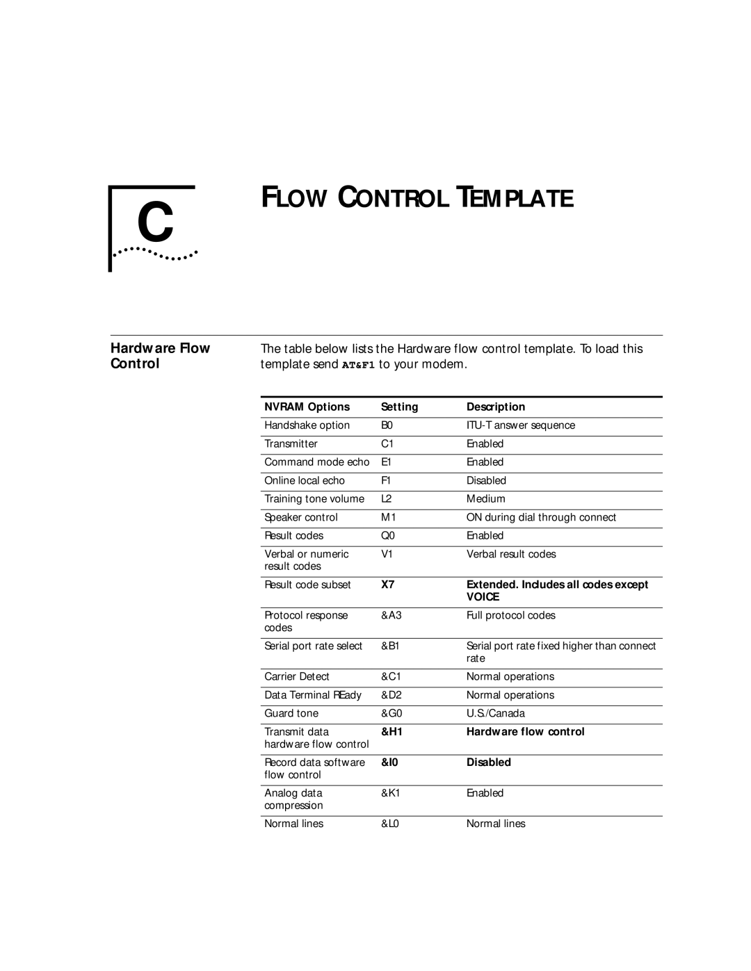 3Com 56K manual Flow Control Template, Hardware Flow, Template send AT&F1 to your modem 