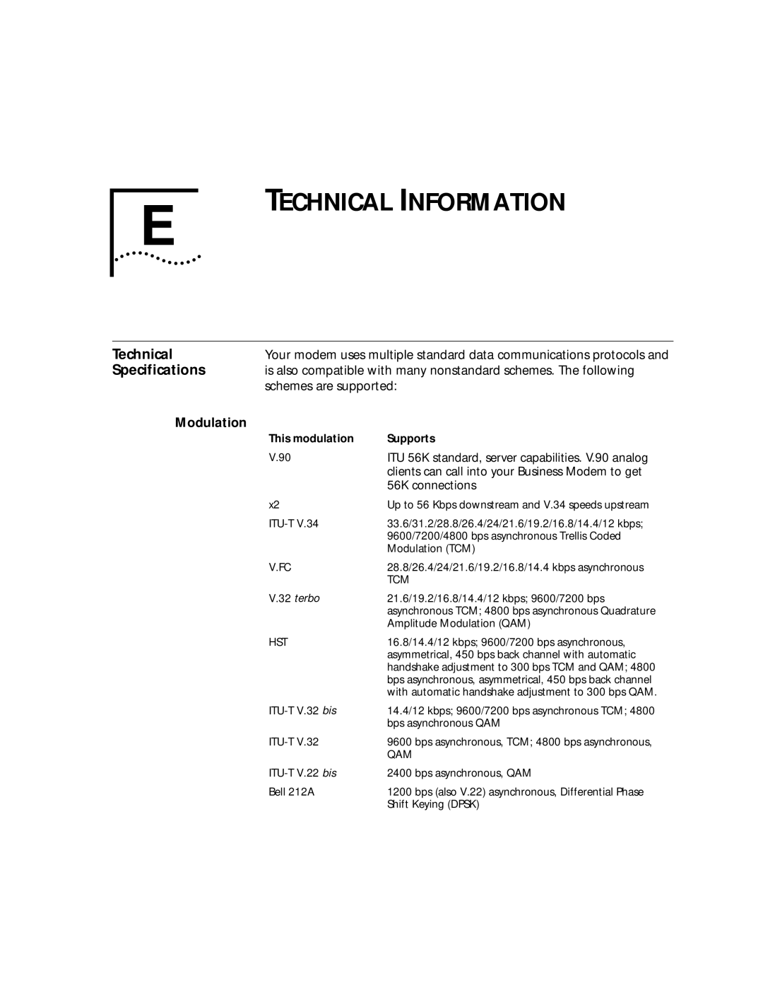 3Com 56K manual Technical Information, Specifications, Schemes are supported, Modulation 