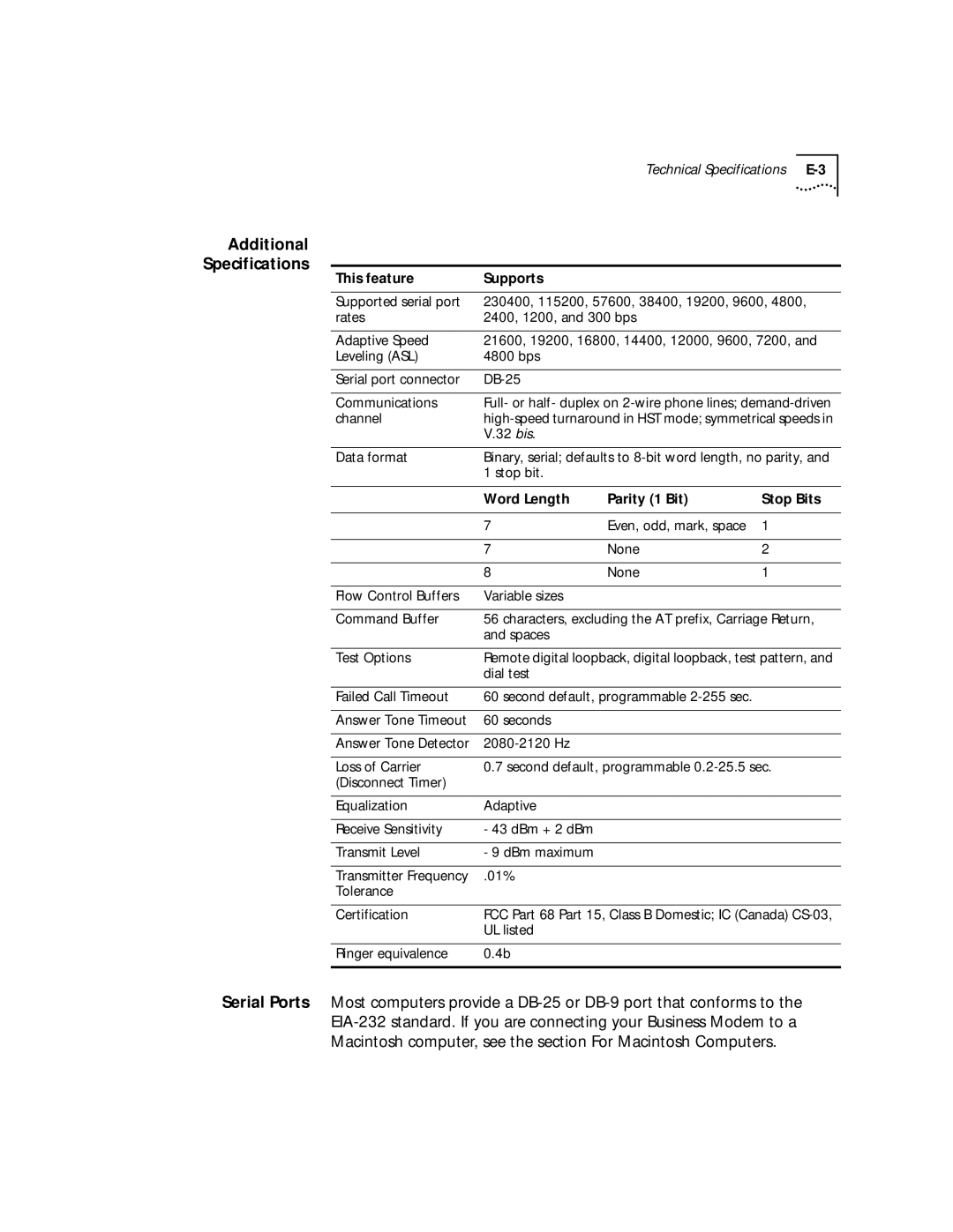 3Com 56K manual Additional, This feature Supports, Word Length Parity 1 Bit Stop Bits 