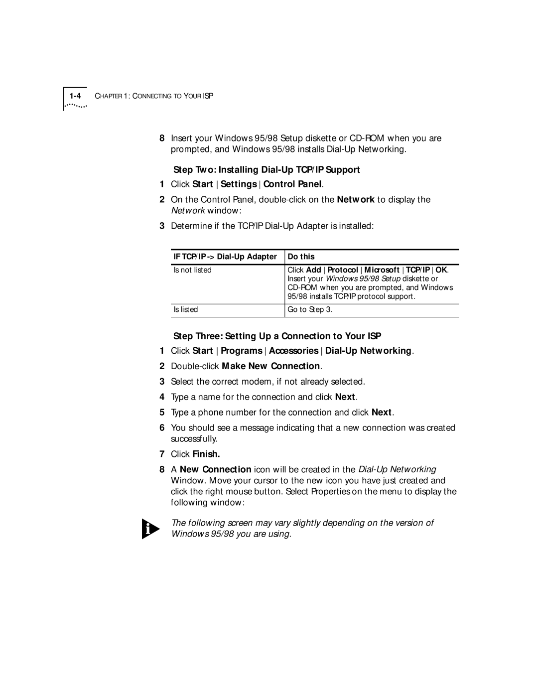 3Com 56K manual Click Finish, If TCP/IP Dial-Up Adapter Do this, Click Add Protocol Microsoft TCP/IP OK 