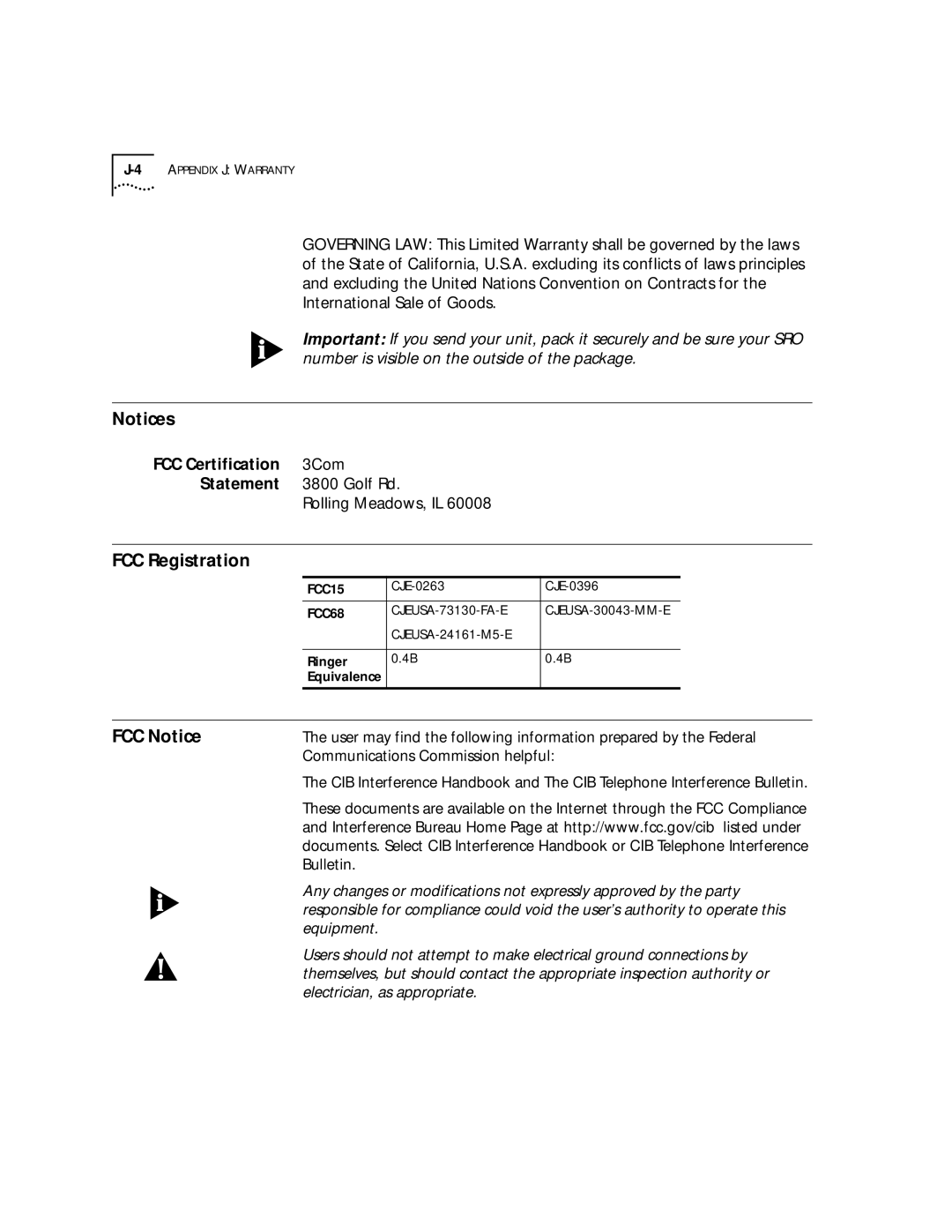 3Com 56K manual FCC Registration, FCC Certification, Statement 