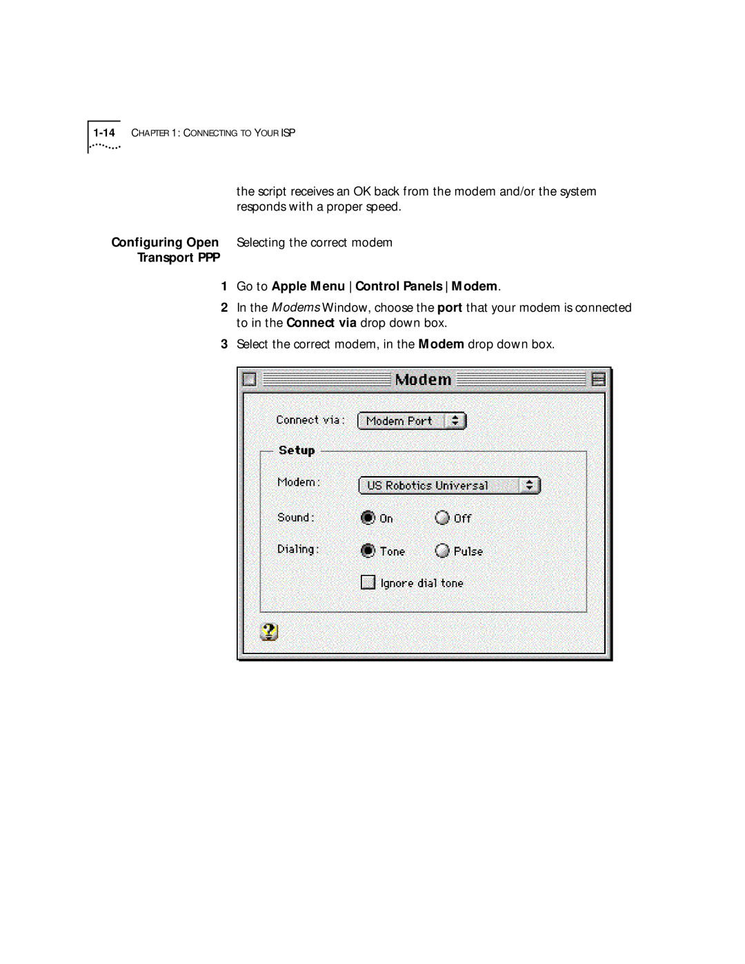 3Com 56K manual Transport PPP Go to Apple Menu Control Panels Modem 