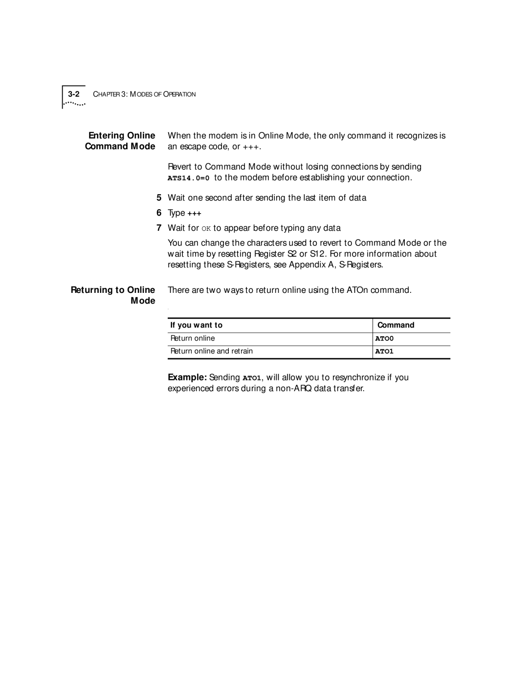 3Com 56K manual Mode, If you want to Command Return online, Return online and retrain, ATO1 
