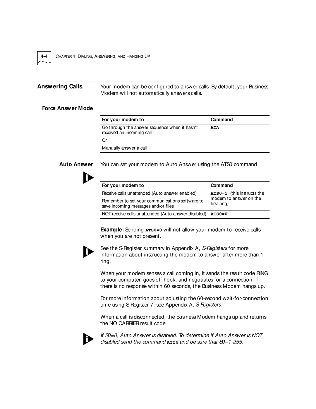 3Com 56K manual Force Answer Mode, Go through the answer sequence when it hasnt, Ata 