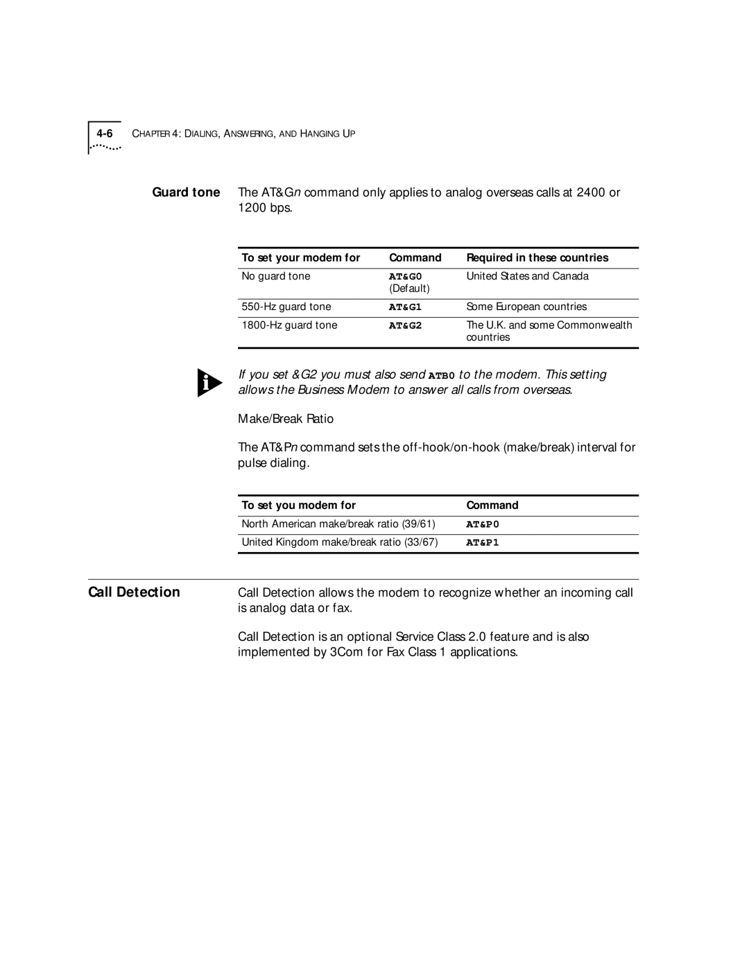 3Com 56K manual Call Detection, Make/Break Ratio, Pulse dialing 