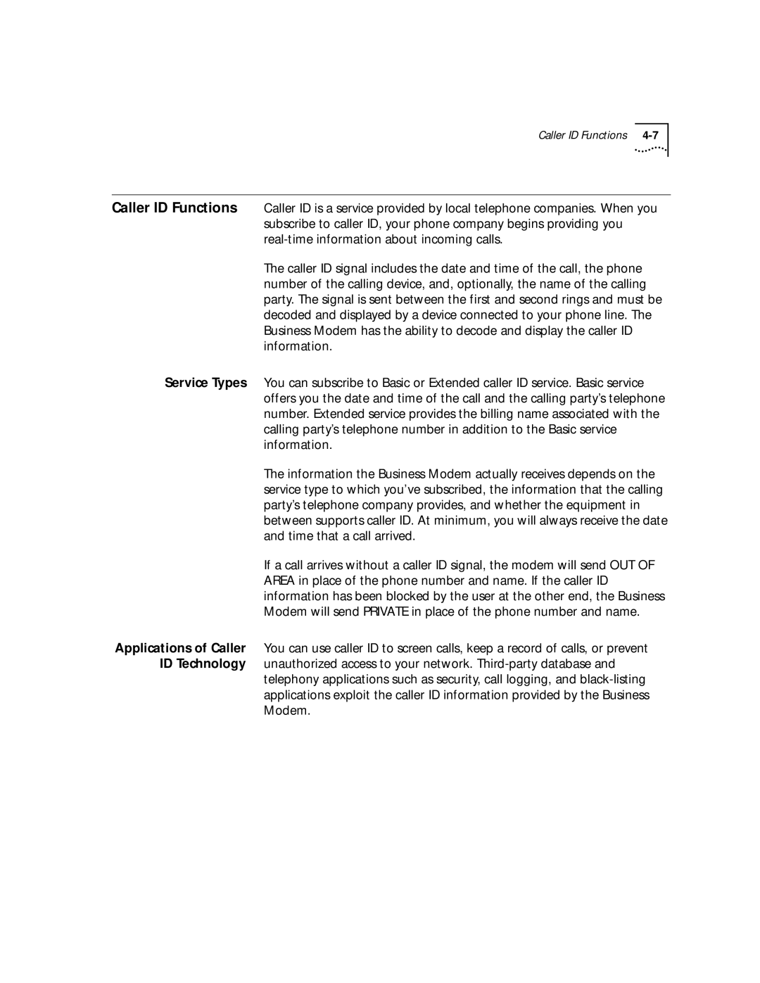 3Com 56K manual Caller ID Functions 