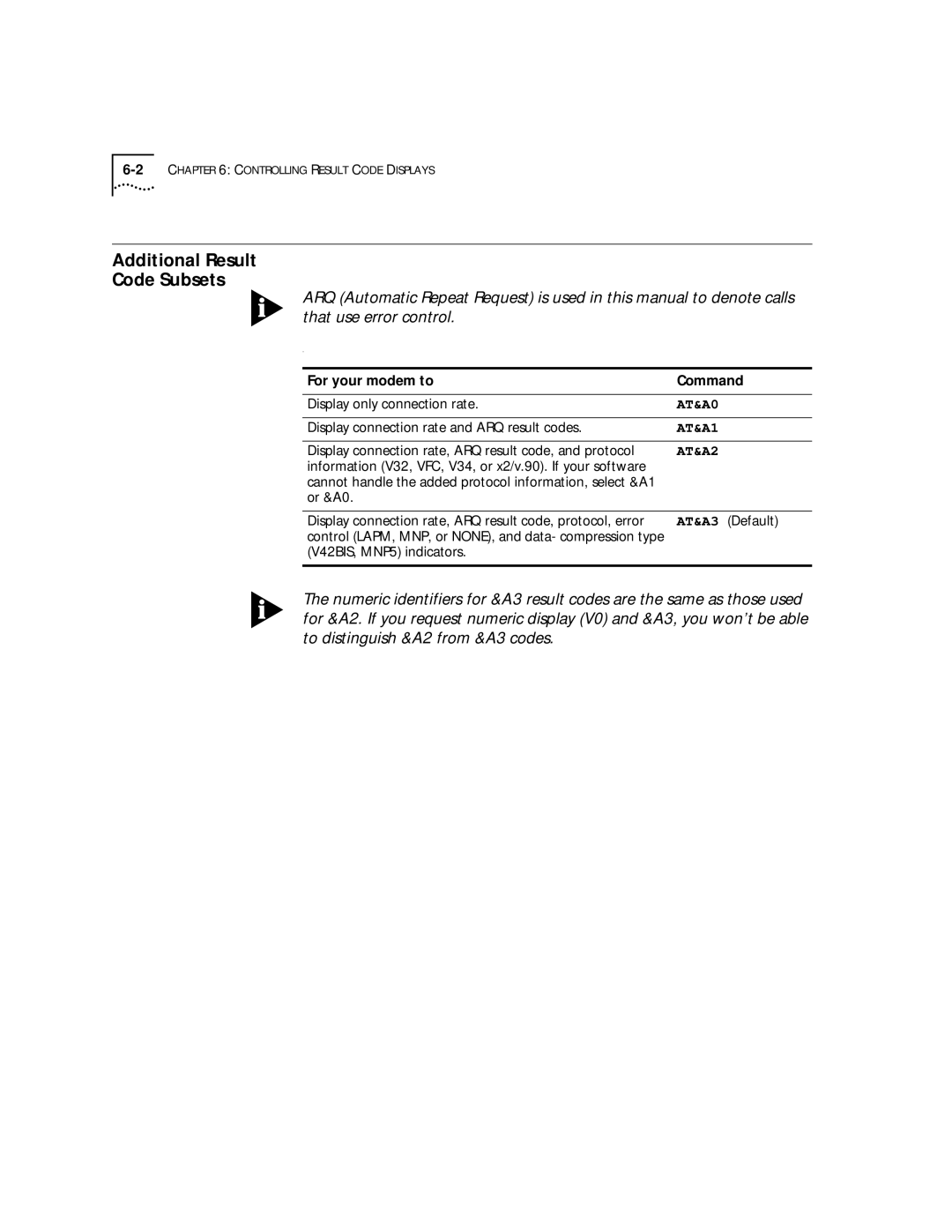 3Com 56K manual Additional Result Code Subsets, AT&A0, AT&A1, AT&A2 