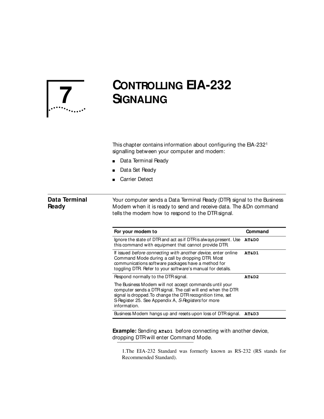 3Com 56K manual Controlling EIA-232 Signaling, Data Terminal, Ready, Tells the modem how to respond to the DTR signal 