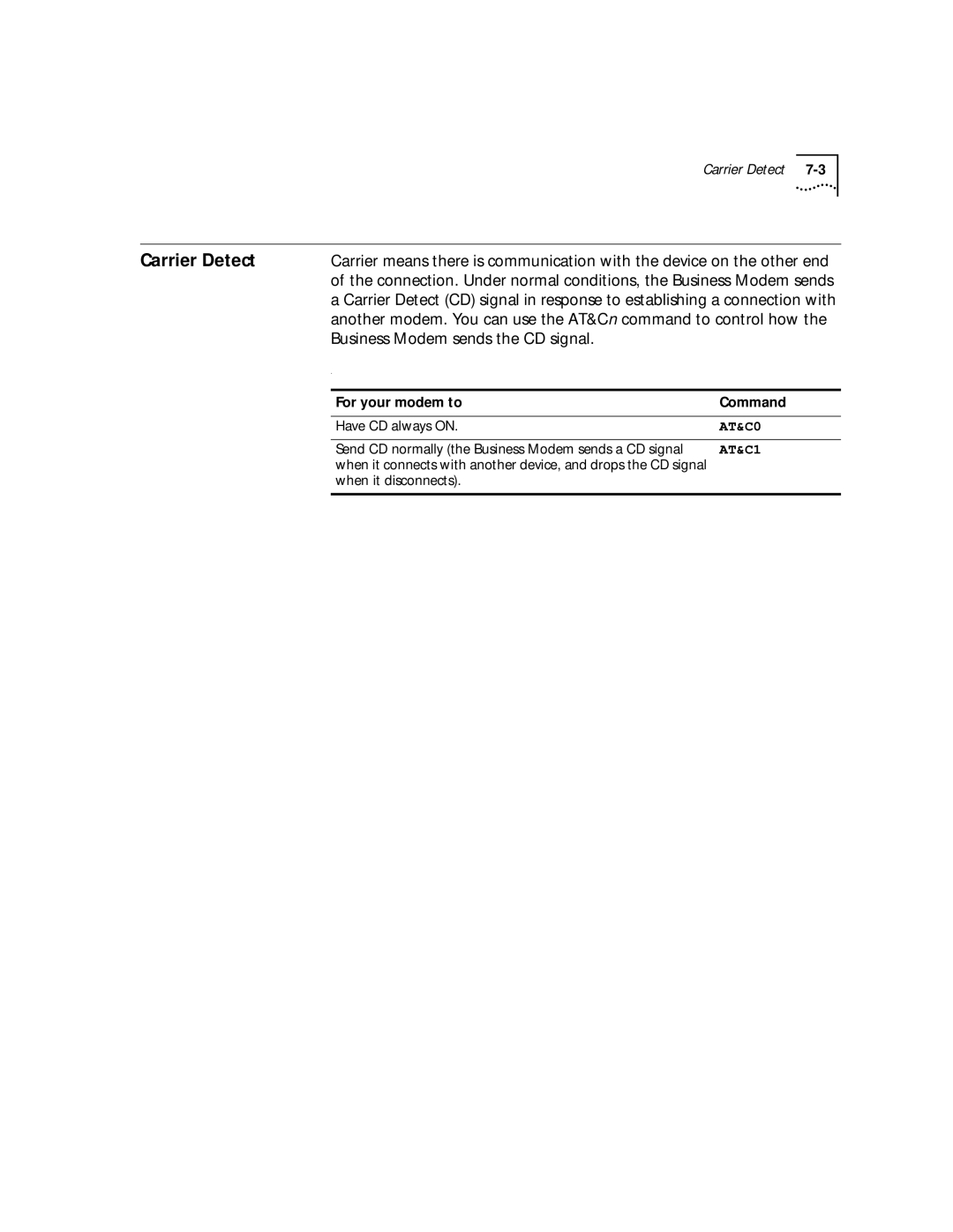 3Com 56K manual Carrier Detect, Business Modem sends the CD signal, AT&C0, AT&C1 