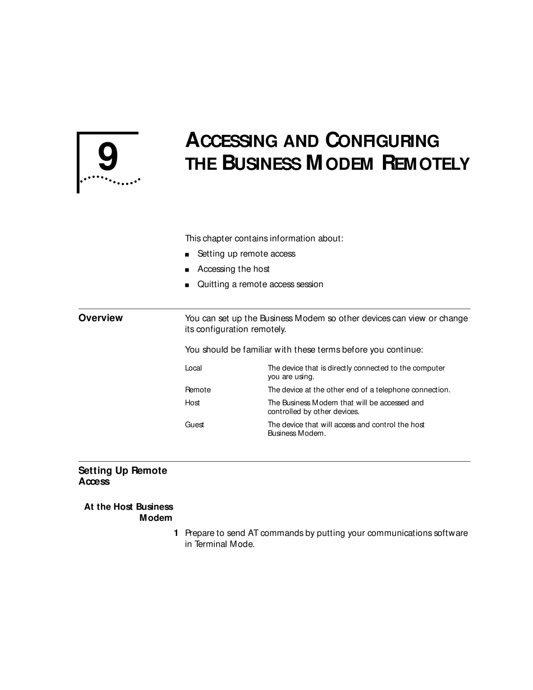 3Com 56K manual Accessing and Configuring Business Modem Remotely, Setting Up Remote Access, Its configuration remotely 