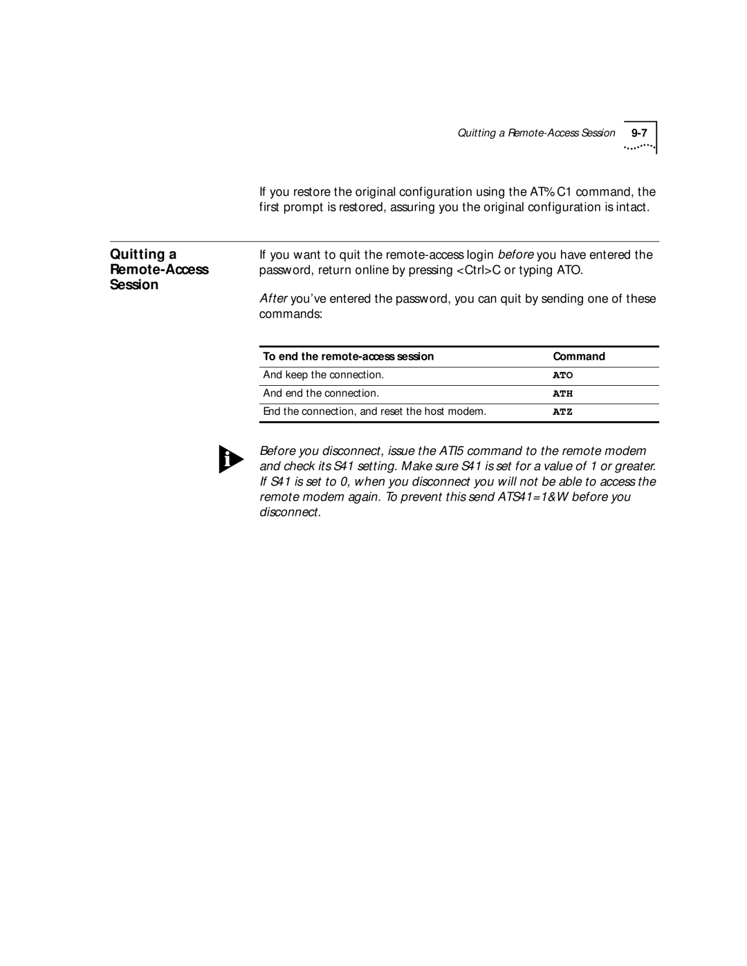 3Com 56K manual Quitting a, Remote-Access, Session, Password, return online by pressing CtrlC or typing ATO, Commands 