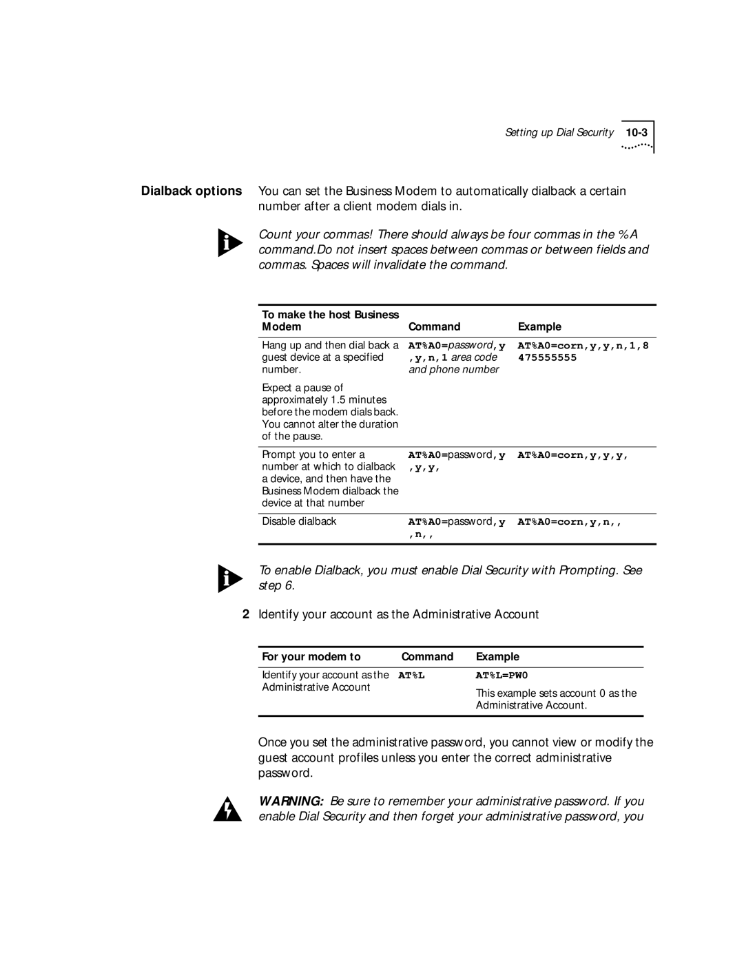 3Com 56K manual To make the host Business Command Example Modem, For your modem to Command Example, AT%L AT%L=PW0 