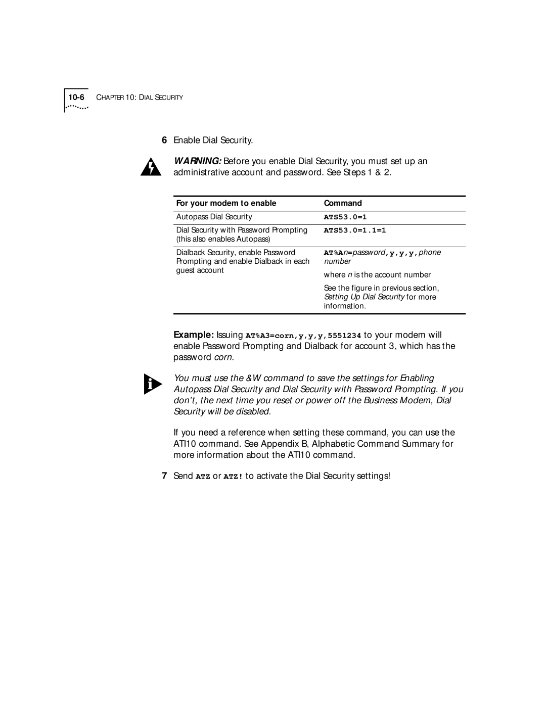 3Com 56K manual For your modem to enable Command, Autopass Dial Security, Dial Security with Password Prompting 