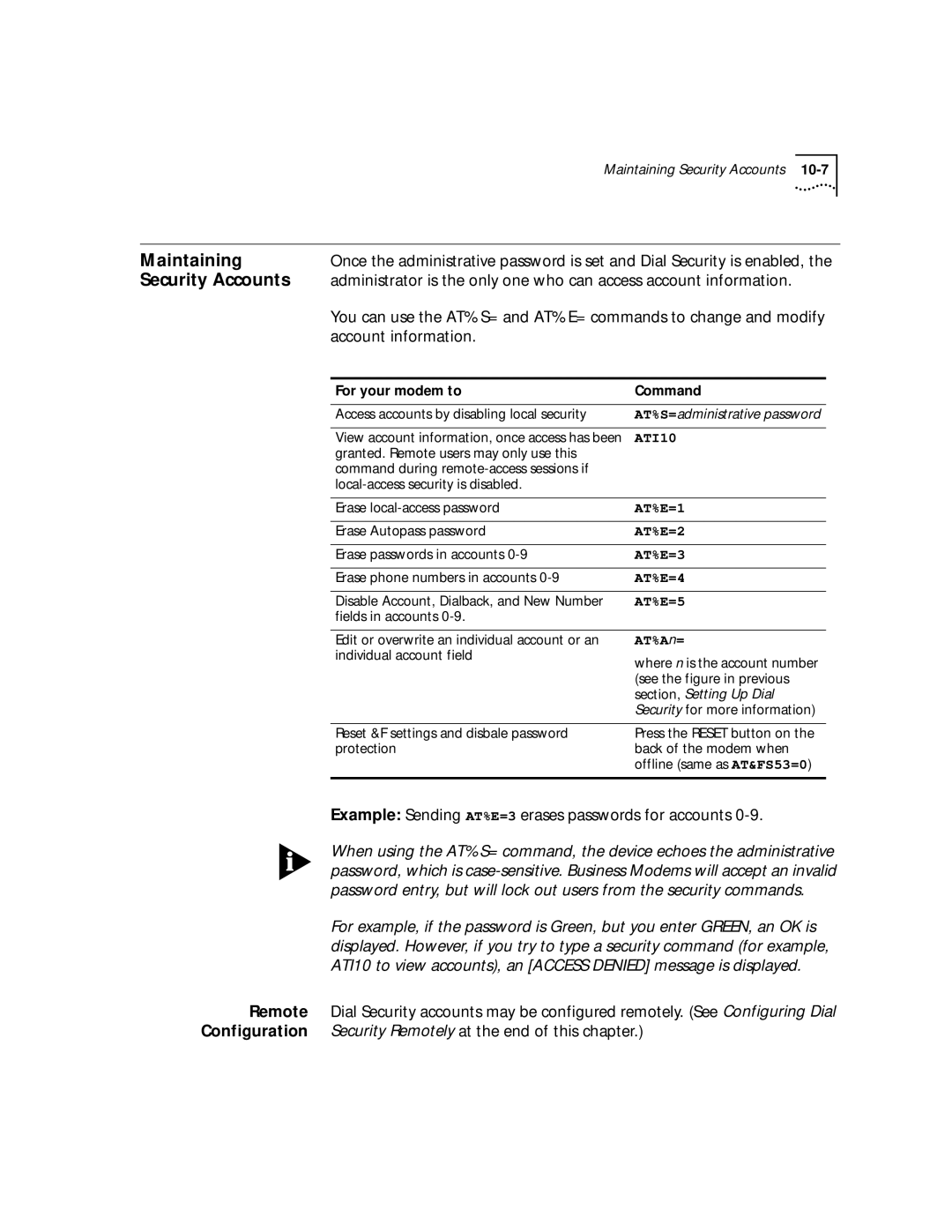 3Com 56K Maintaining, Security Accounts, Account information, Example Sending AT%E=3 erases passwords for accounts, ATI10 