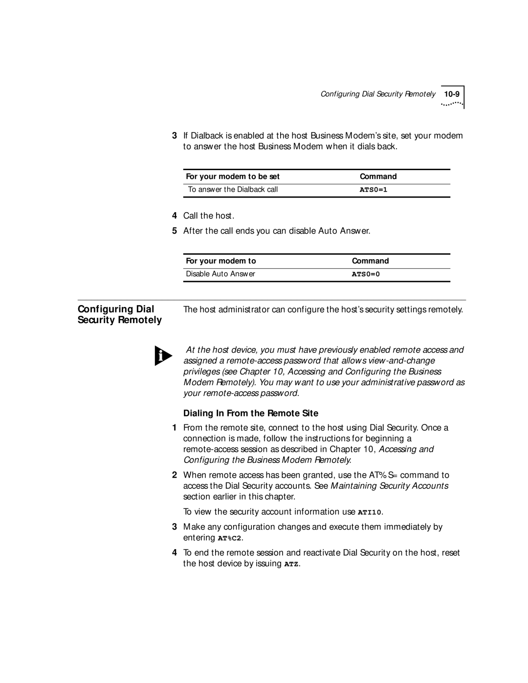 3Com 56K manual Security Remotely, Dialing In From the Remote Site, For your modem to be set Command 
