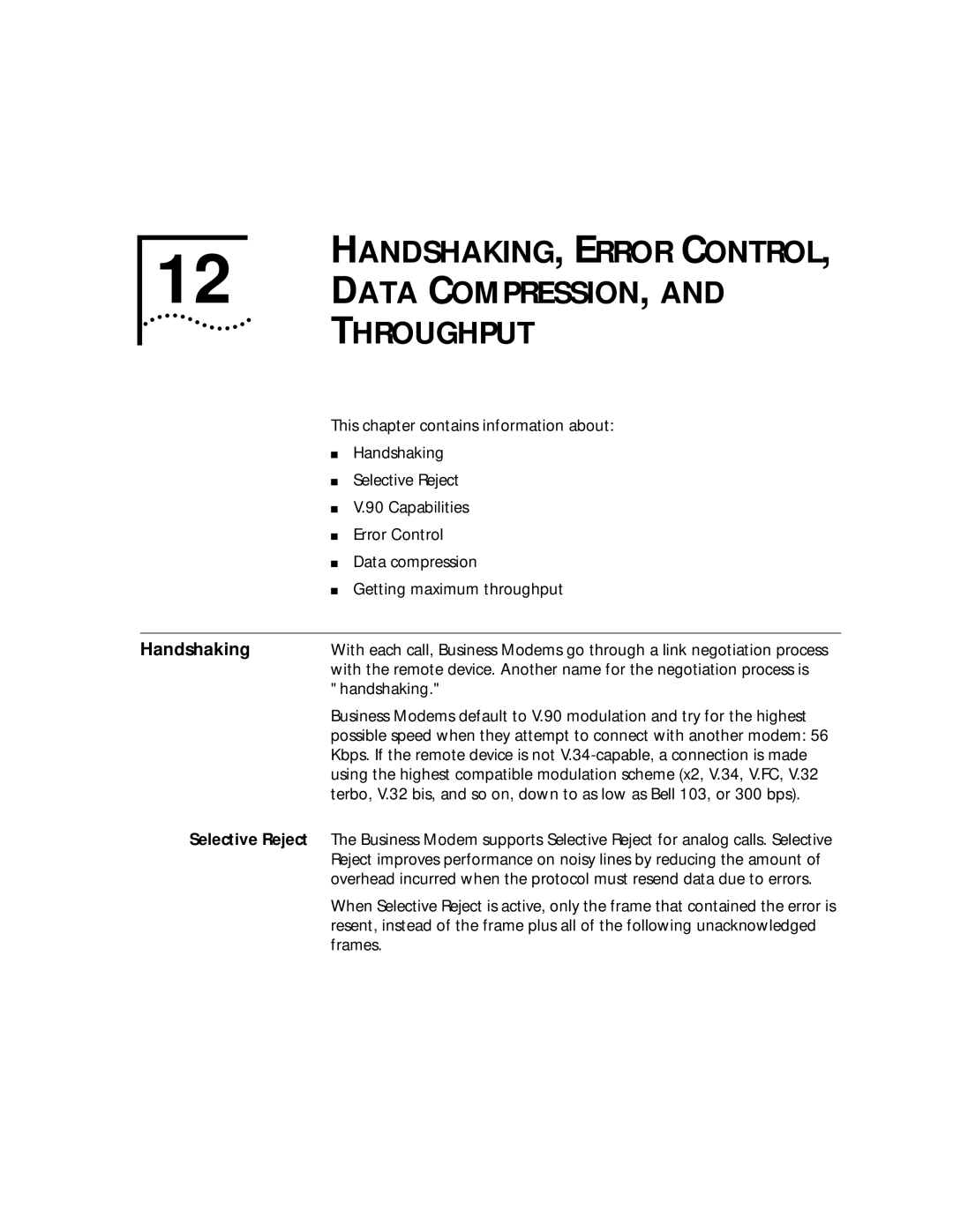 3Com 56K manual HANDSHAKING, Error Control Data COMPRESSION, Throughput, Handshaking 