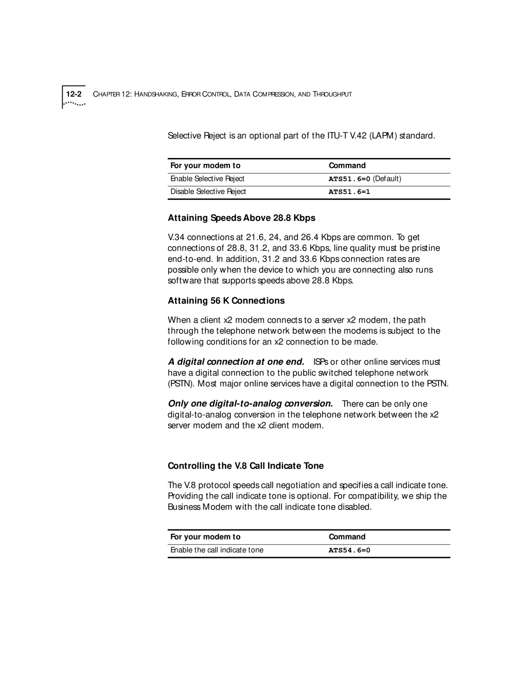 3Com 56K manual Attaining Speeds Above 28.8 Kbps, Attaining 56 K Connections, Controlling the V.8 Call Indicate Tone 