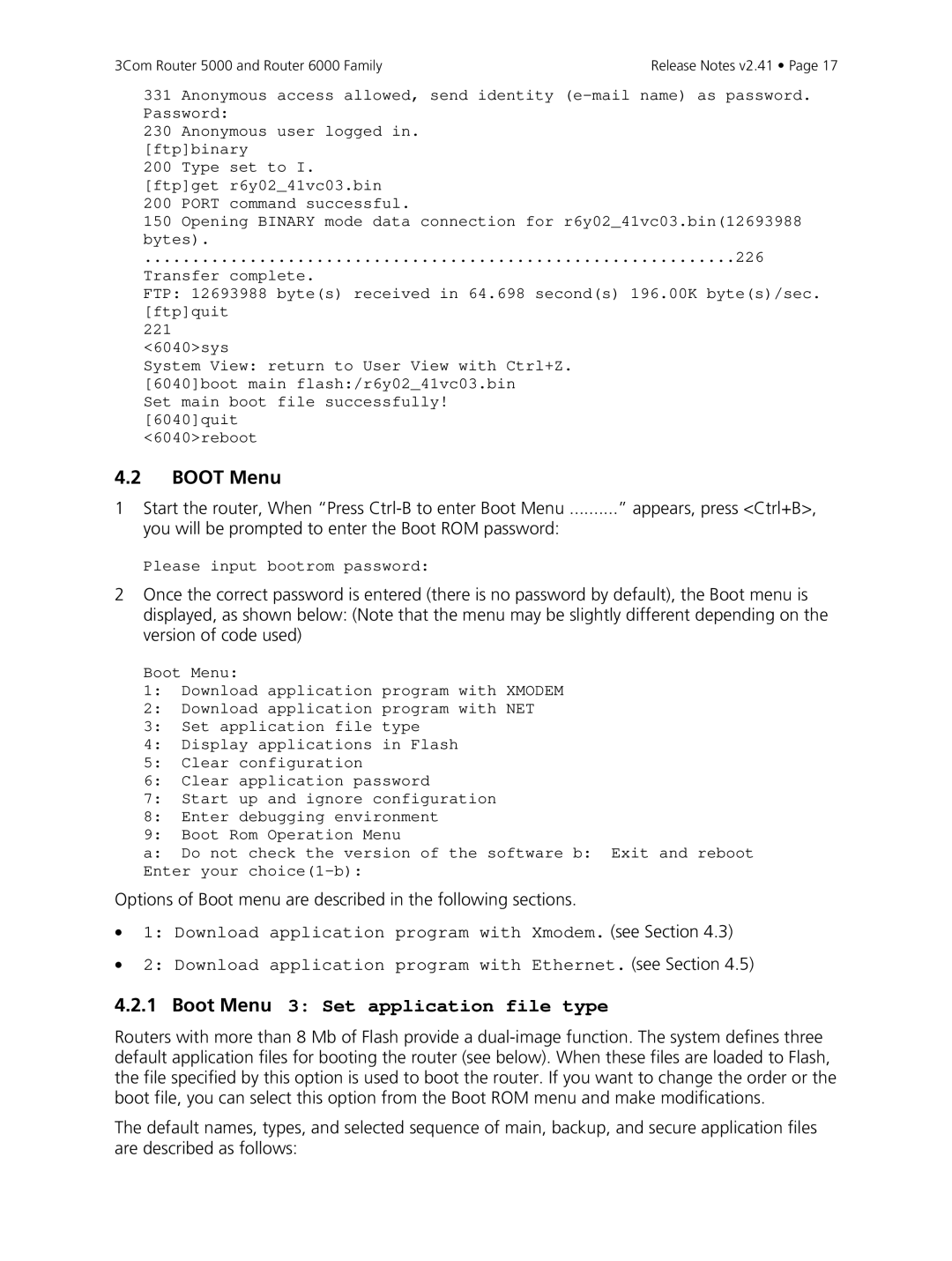 3Com 5000, 6000 manual Boot Menu 3 Set application file type 