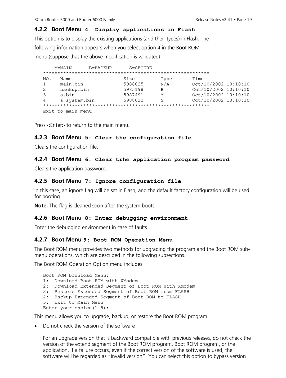 3Com 5000, 6000 manual Boot Menu 5 Clear the configuration file 