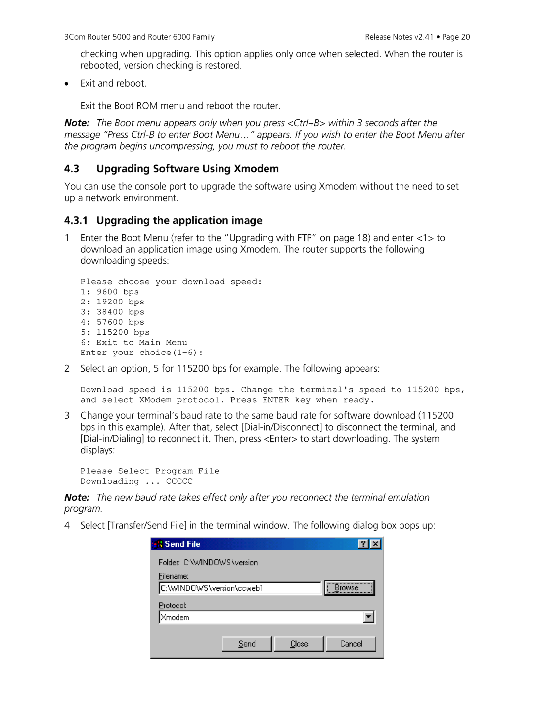 3Com 6000, 5000 manual Upgrading Software Using Xmodem, Upgrading the application image 