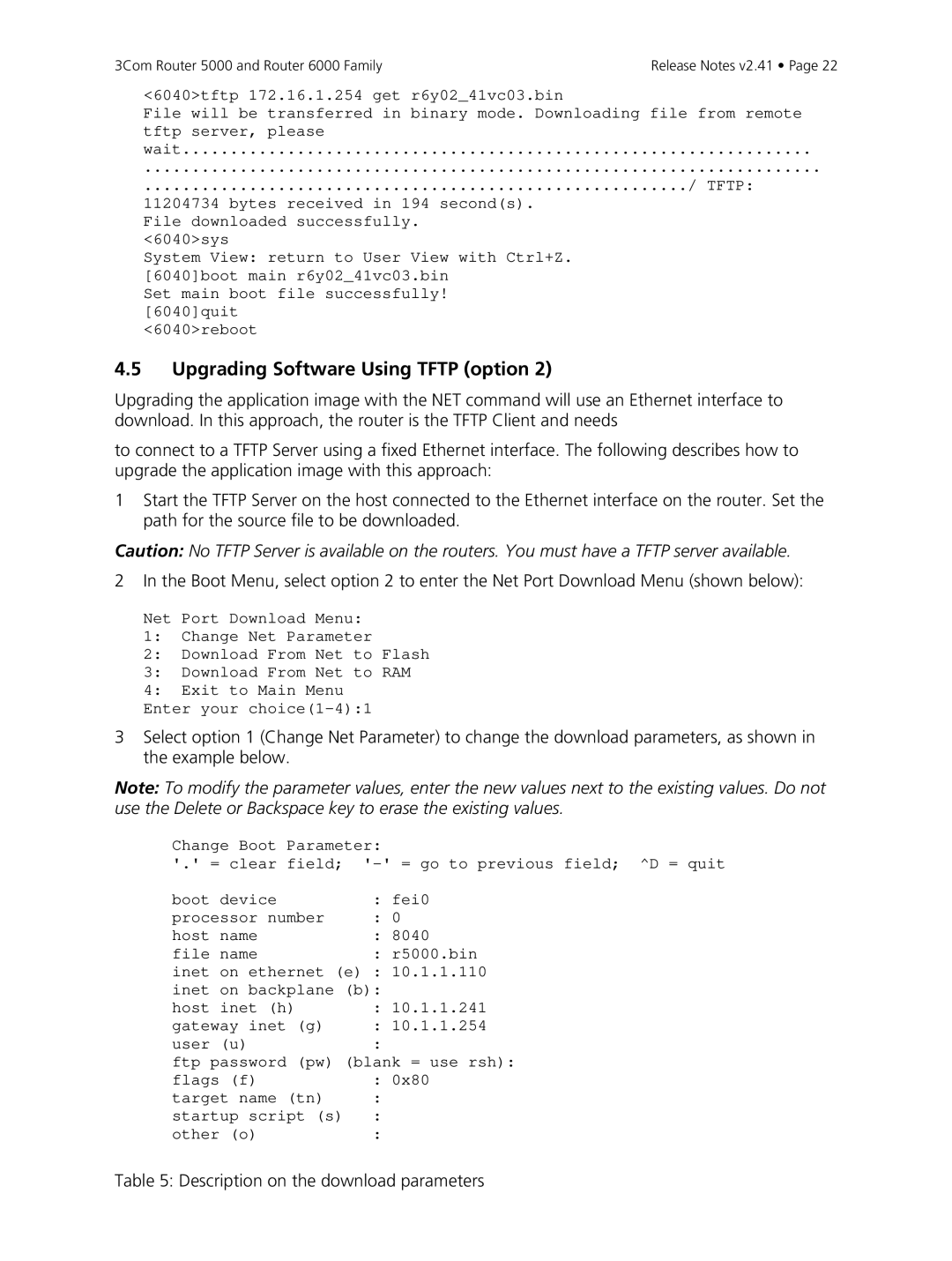 3Com 6000, 5000 manual Description on the download parameters 