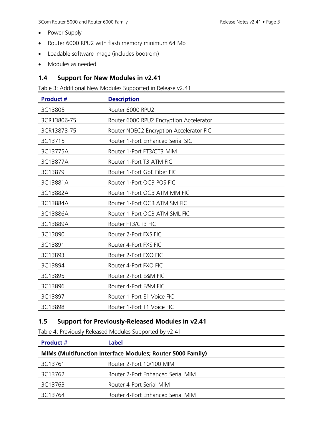 3Com 5000, 6000 manual Support for New Modules, Support for Previously-Released Modules 