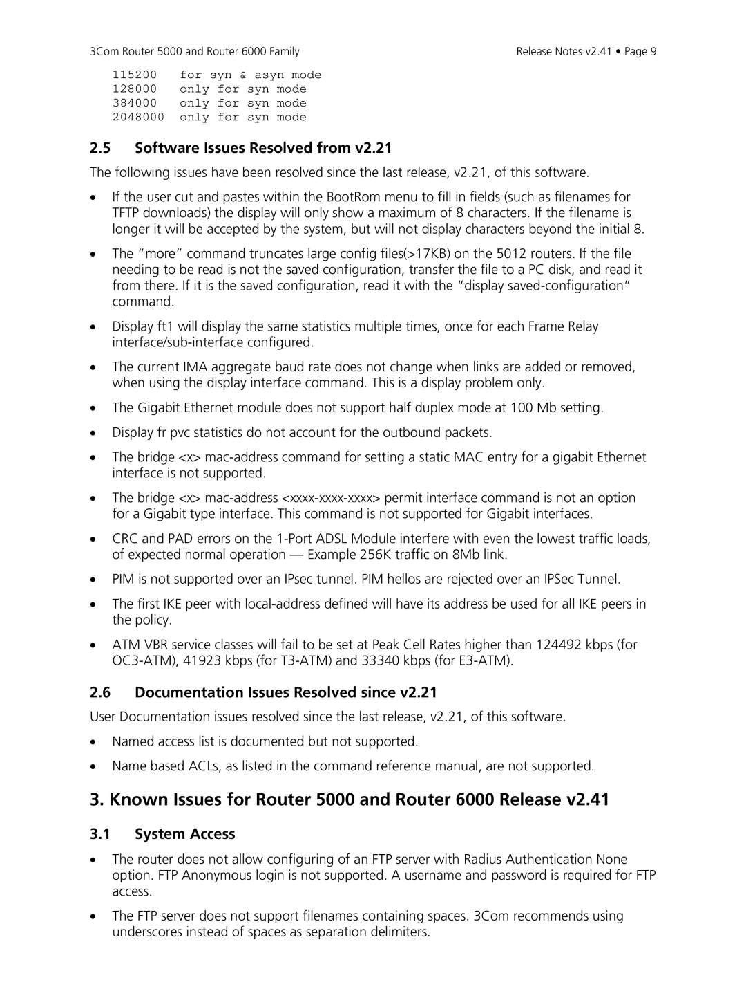 3Com manual Known Issues for Router 5000 and Router 6000 Release, Documentation Issues Resolved since, System Access 