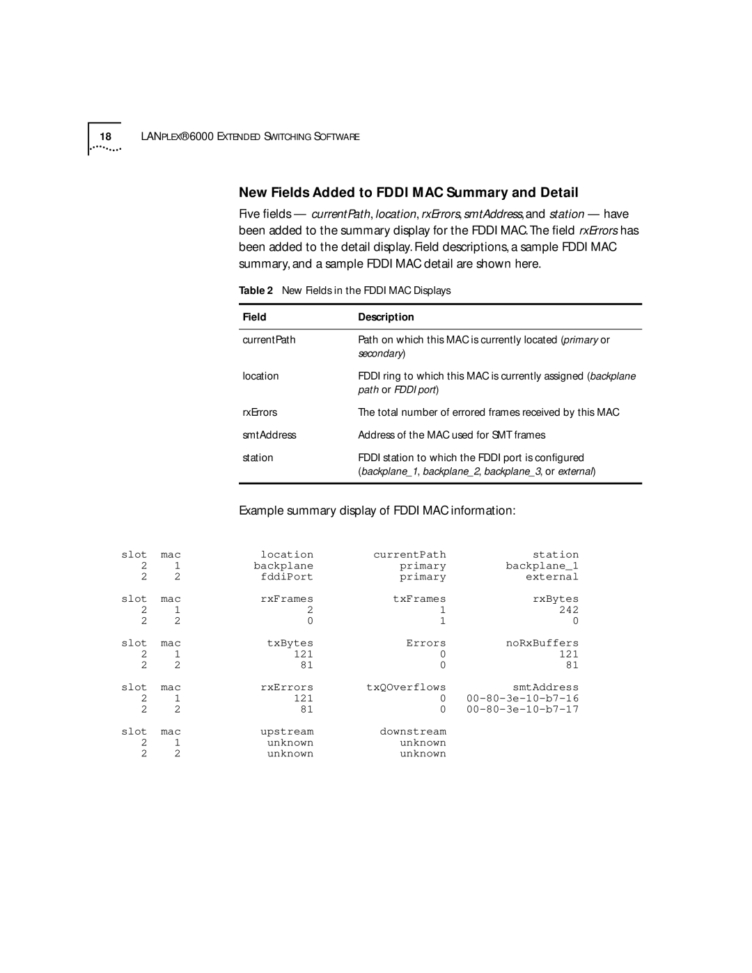 3Com 6000 manual New Fields Added to Fddi MAC Summary and Detail, Example summary display of Fddi MAC information 