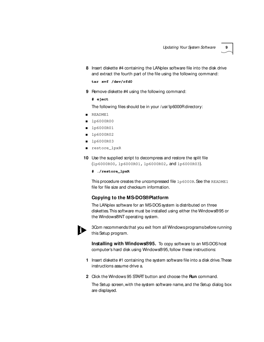 3Com manual Remove diskette #4 using the following command, Following ﬁles should be in your /usr/lp6000R directory 